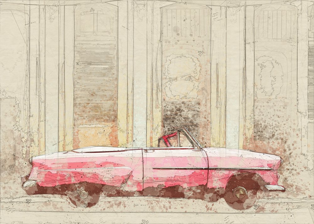 Skiss på en vintage-rosa cabriolet av Lembayung senja studio [Vintage Poster]