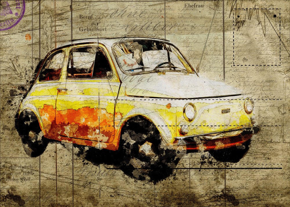 En gul Fiat 500 i retrostil av Lembayung senja studio [Vintage Poster]