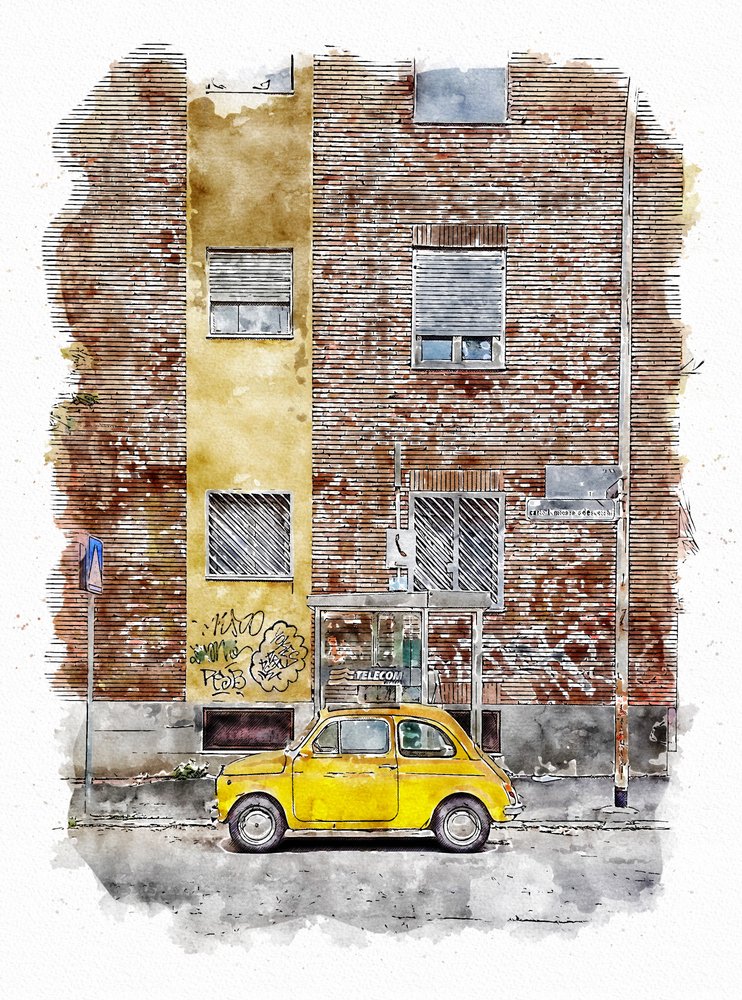 Gul klassisk gatbil av Lembayung senja studio [Vintage Poster]