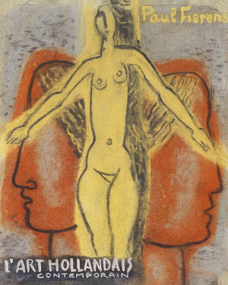 Naken kvinna mellan två mäns huvuden som vänder sig bort från varandra (1933) av Leo Gestel. av Leo Gestel