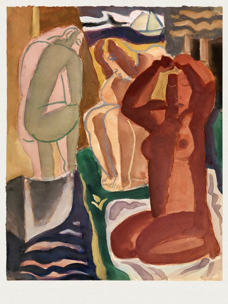 Två badande kvinnor och en brofigur  – Leo Gestel 60x80 cm Vit kant av Leo Gestel