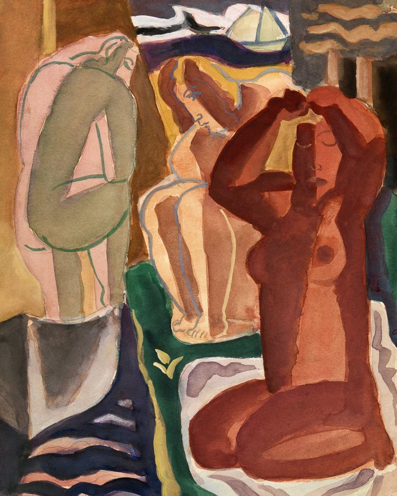 Två badande kvinnor och en bro, format 4x5, ren av Leo Gestel