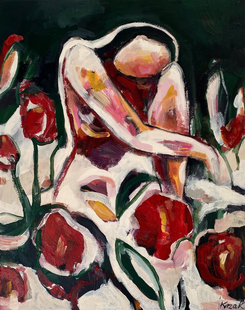 Kvinna bland röda blommor av Magdalena  Krzak