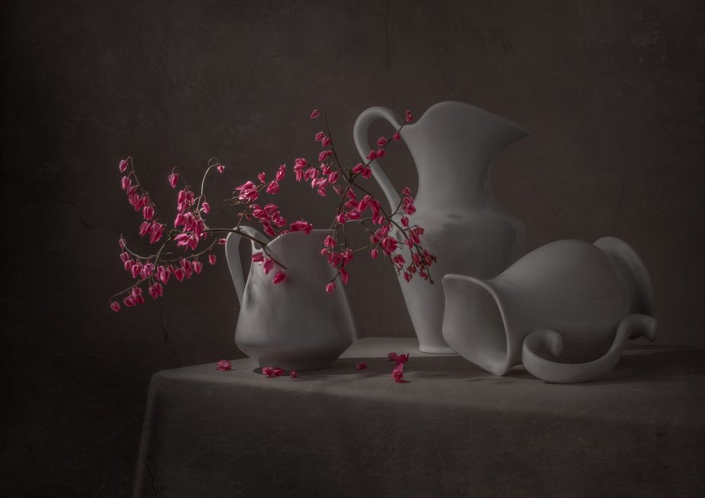 Rosa blommor och vita kannor av Margareth Perfoncio