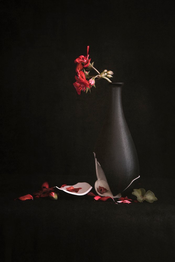 Trasig vas med röda blommor av Martine Benezech
