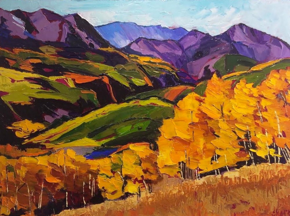 Golden Aspen med utsikt över bergen av Maxine Shore
