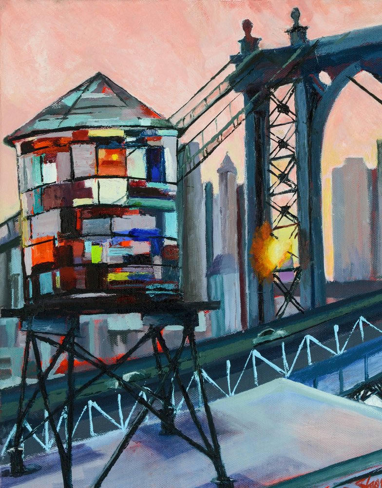 Solnedgång vid vattentornet vid Manhattan Bridge av Maxine Shore