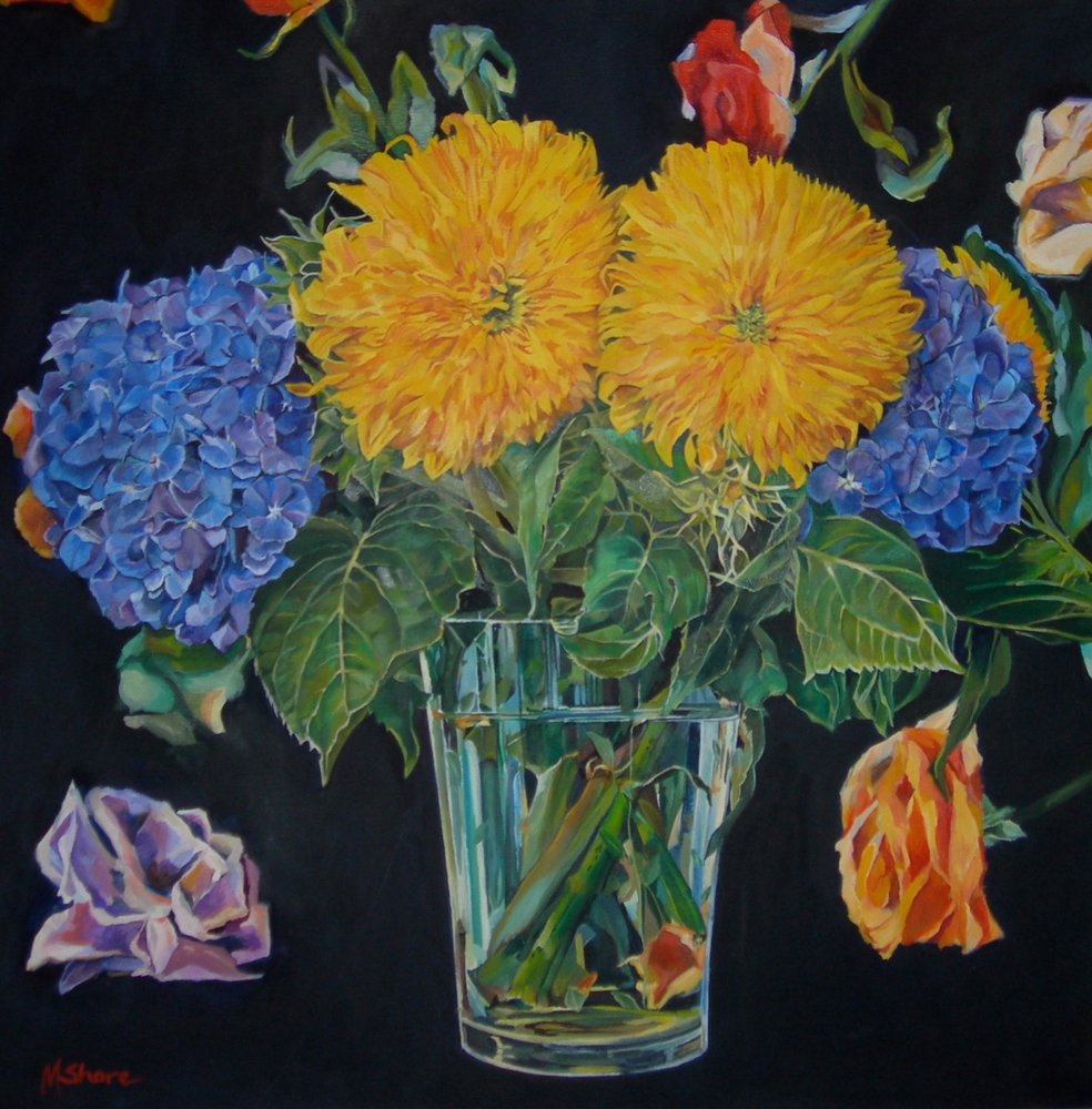 Ett livfullt blomsterstilleben av Maxine Shore