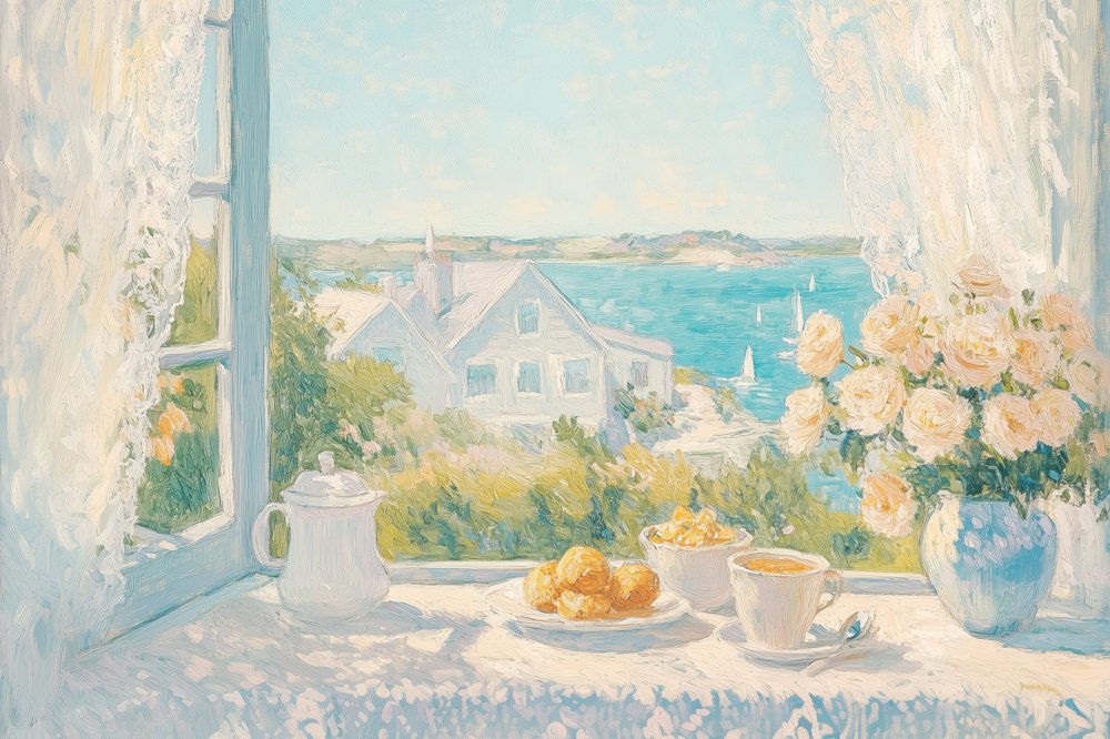 Utsikt över frukost vid kusten på morgonen av Melloi Art Prints