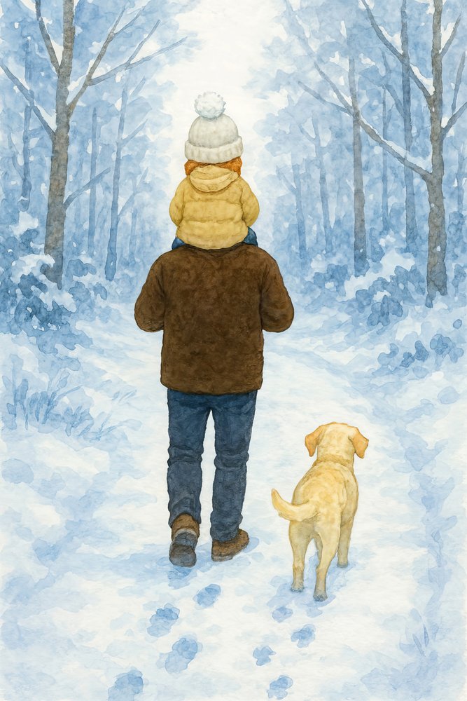 Barnrum: Vinterpromenad med pappa och hunden i den snöiga skogen av Natalie Bruns