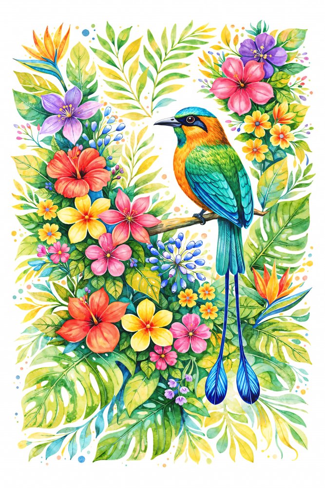 Motmot bland tropiska blommor av Natalie Bruns