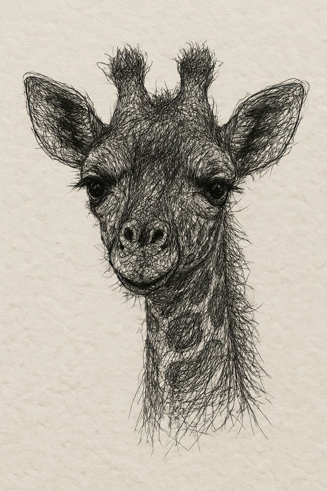 Broderi föreställande en giraffunge på handgjort papper av Natalie Bruns