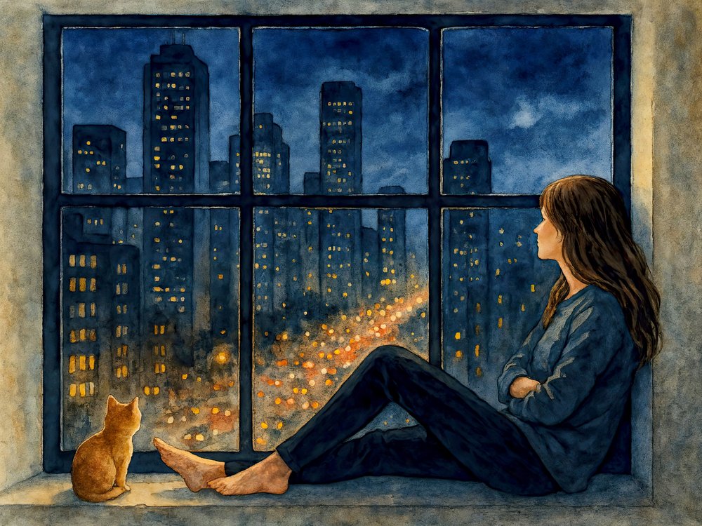 Kvinnan, katten, staden, fönstret av Natalie Bruns