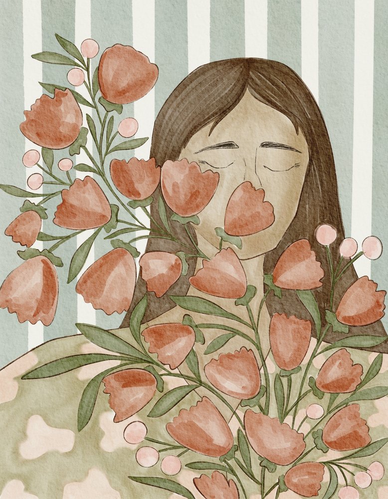 En fridfull kvinna med blommor av Nikita Jariwala