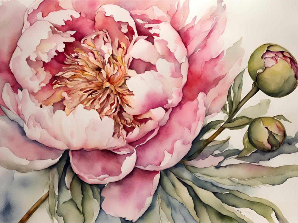 Akvarell av rosa pion av Ohkimiko