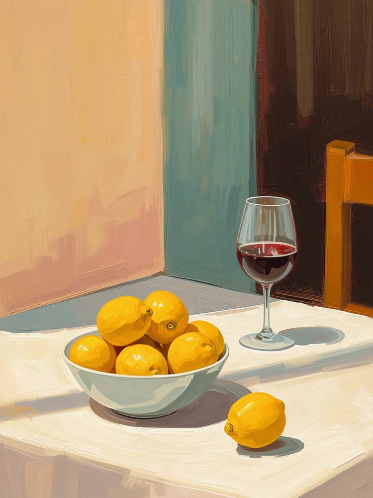 Stilleben med citroner och ett glas rödvin av Ohkimiko