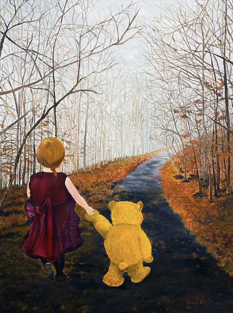 Flicka och björn på höstpromenad av Tom Blood