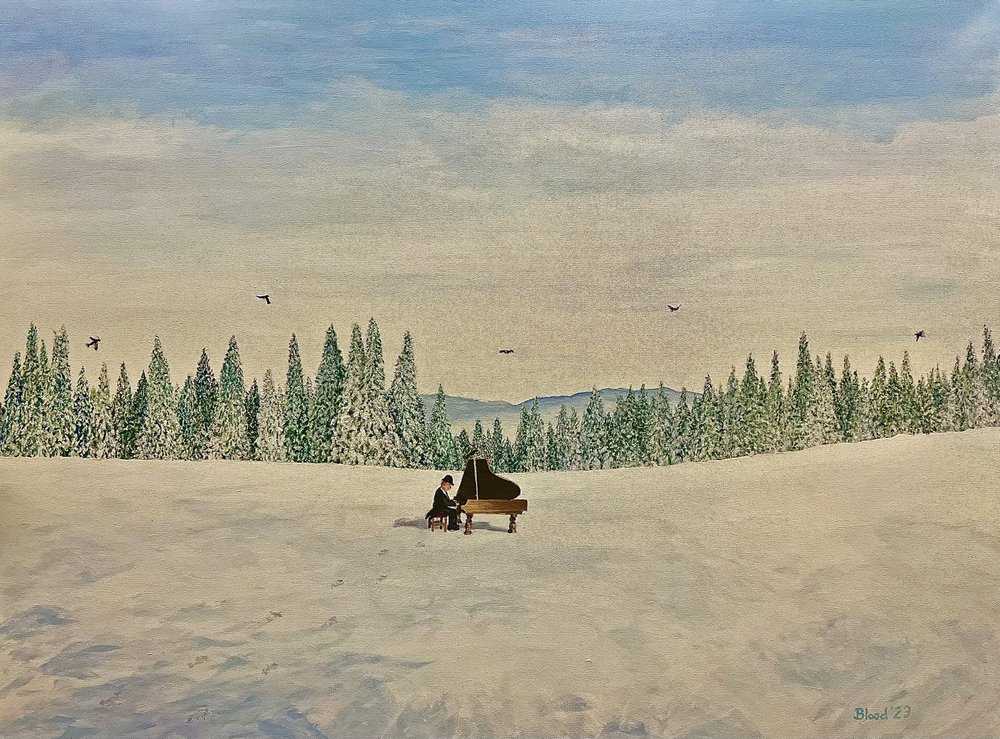 Piano på ett snötäckt fält av Tom Blood