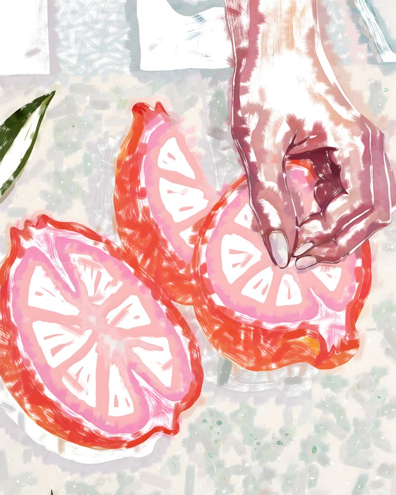 Hand och rosa citrus av Uma Gokhale