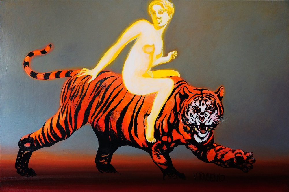 En lysande kvinna på en tiger av Victor Tkachenko