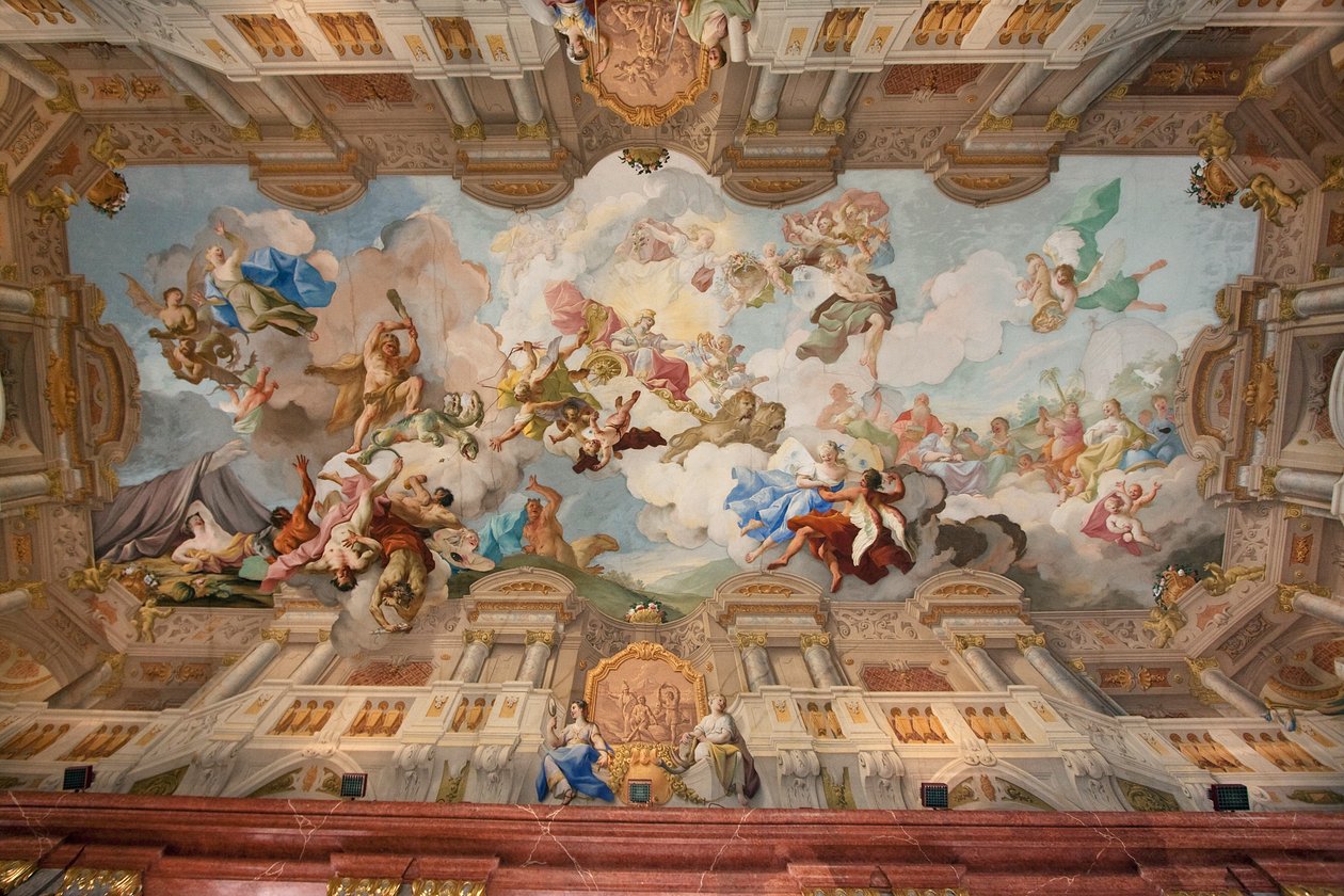 Arkitektonisk målning på takets fresk av Gaetano Fant i Marble Hall i Stift Melk Benedictine Monastery, Niederösterreich, Österrike av Unknown