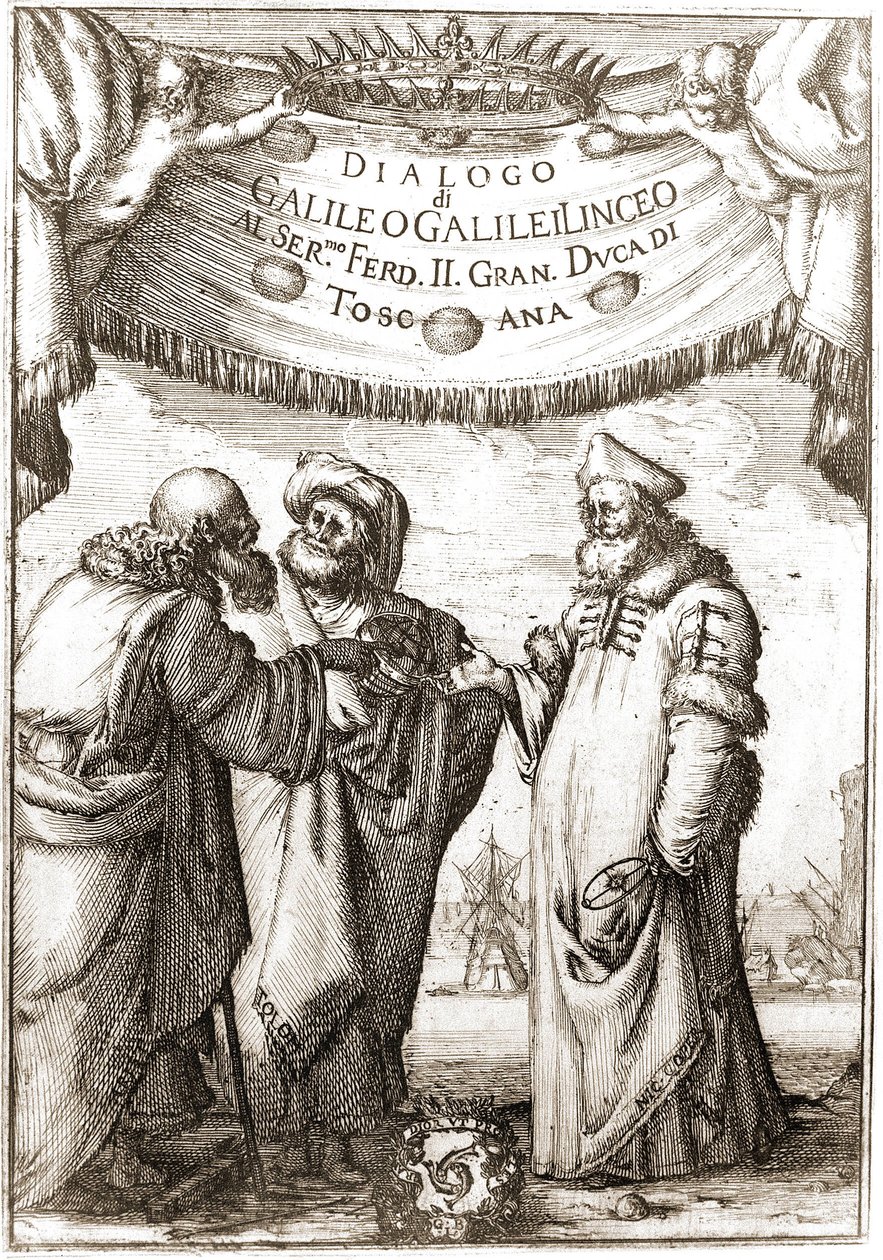 Aristoteles, Ptolemaios och Nicolas Copernicus (Nicolaus Copernicus, 1473-1543) (astronomer) i samtal - i "Dialog om världens två största system" "de Galileo, Galilei linceo, al Ser. Mo F av Unknown