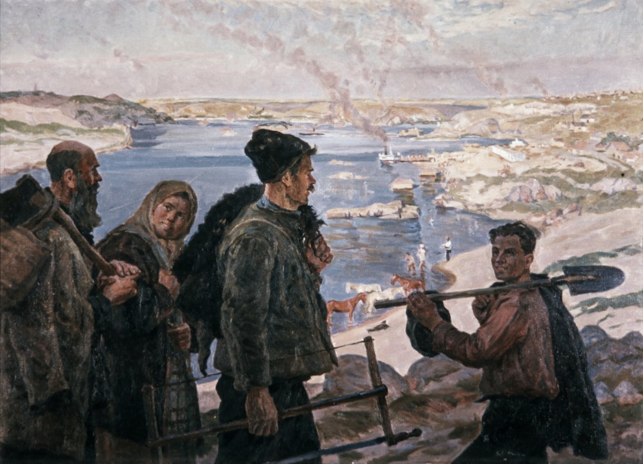 Builders of the Dnepr Hydro 1937 Målning av K, Trokhimenko, socialistisk realism. av Unknown