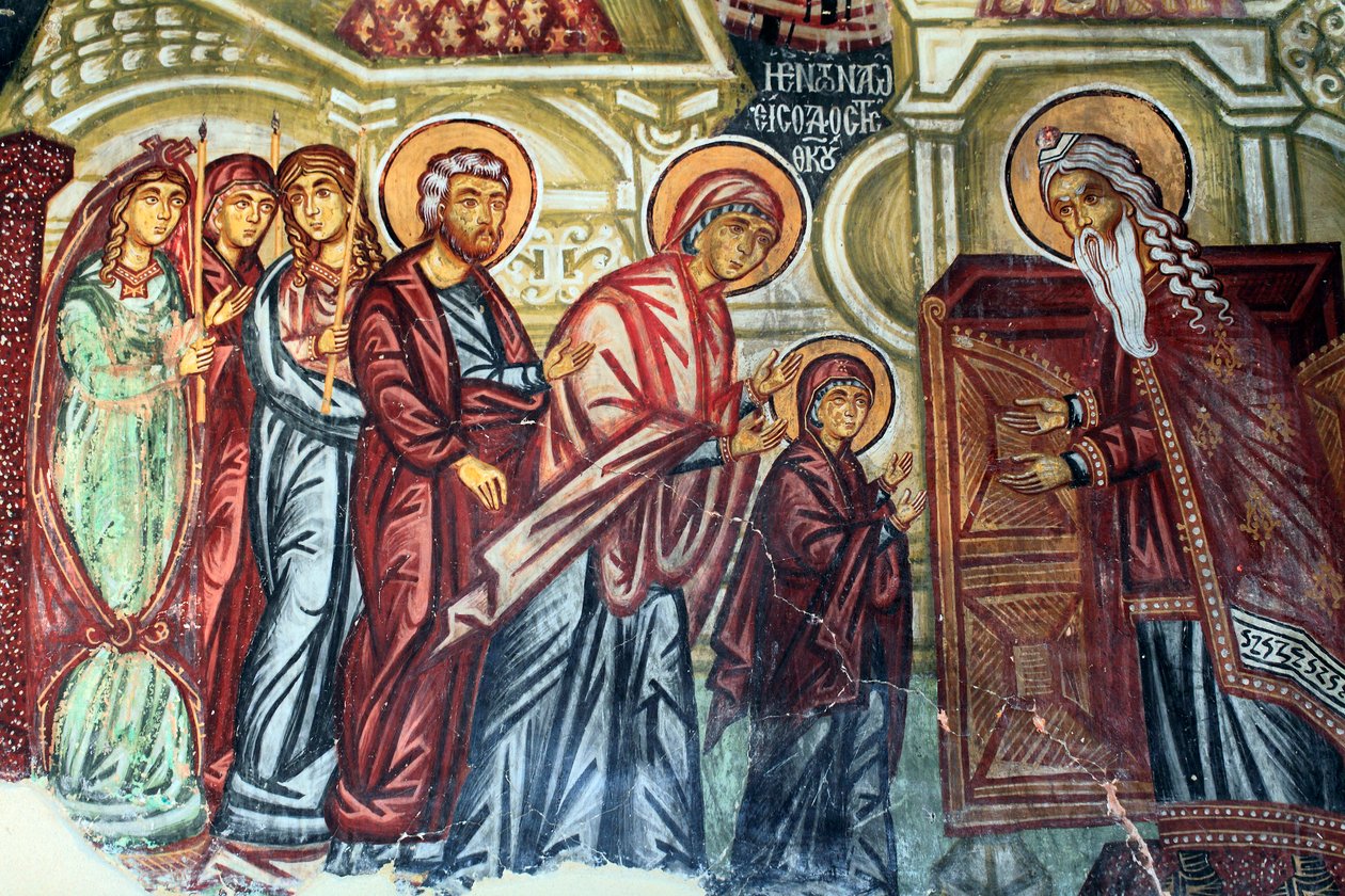 Bysantinsk fresk från 1400-talet (detalj) Pesentation av Marie vid templet Väggmålning Michael Archangel Church i Pedoulas Cypern Målade kyrkor UNESCO-plats Troodos, Cypern av Unknown