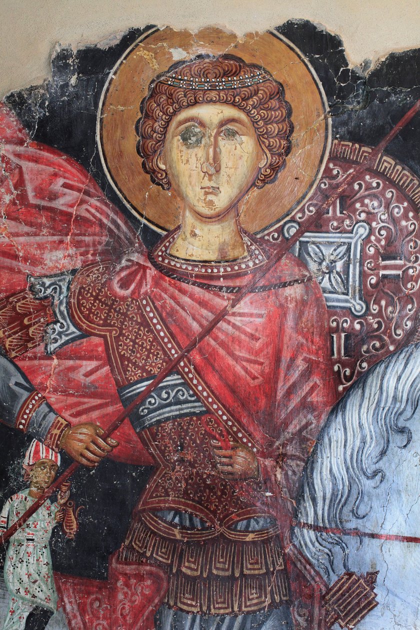 Bysantinsk fresk från 1400-talet (detalj) Saint George Wall-målning Michael Archangel Church i Pedoulas Cypern Målade kyrkor UNESCO-plats Troodos, Cypern av Unknown