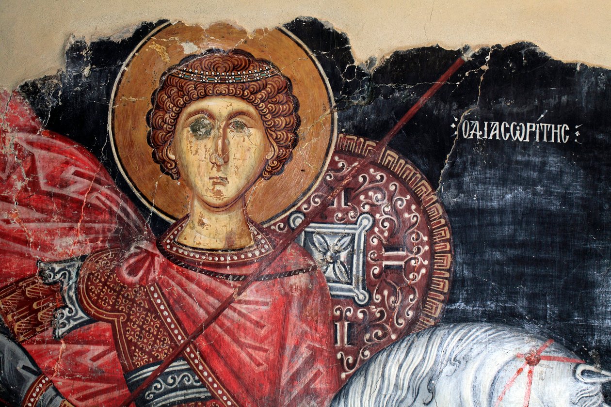 Bysantinsk fresk från 1400-talet (detalj) Saint George Wall-målning Michael Archangel Church i Pedoulas Cypern Målade kyrkor UNESCO-plats Troodos, Cypern av Unknown