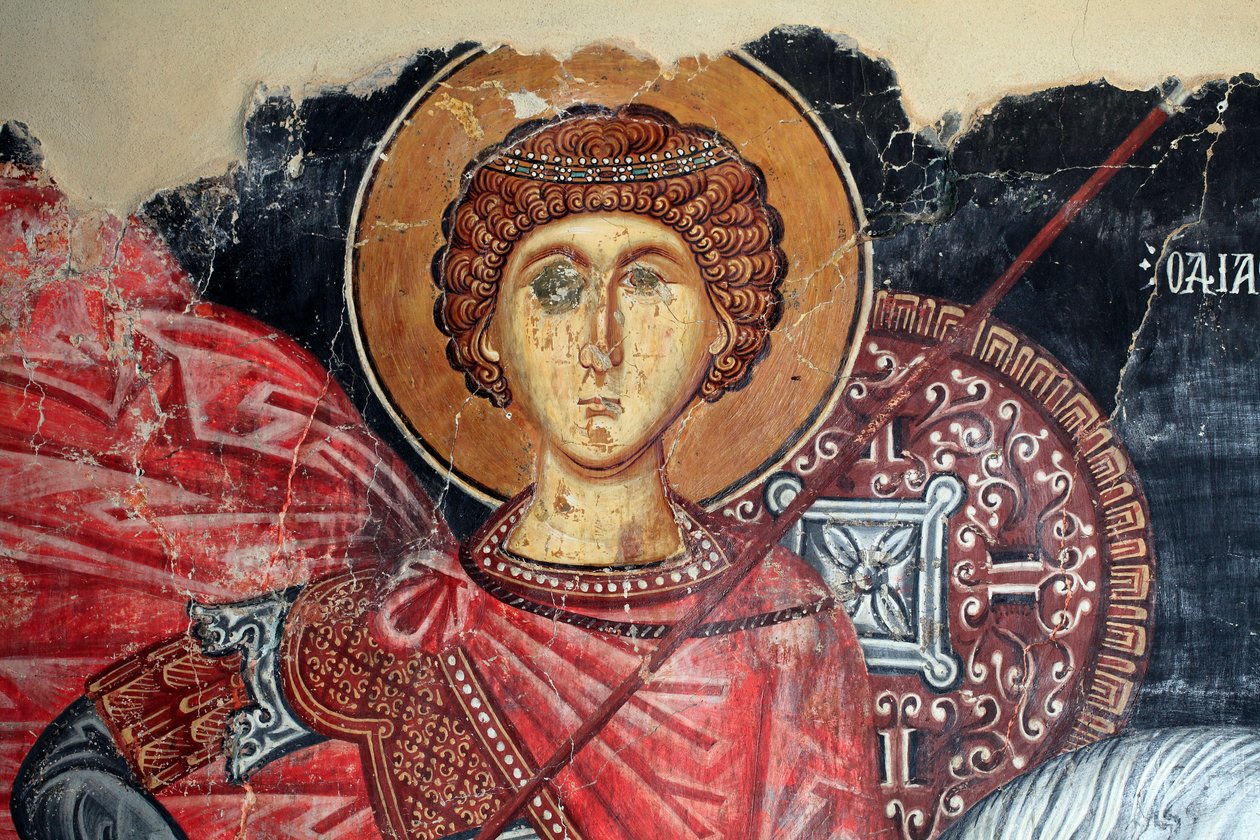 Bysantinsk fresk från 1400-talet (detalj) Saint George Wall-målning Michael Archangel Church i Pedoulas Cypern Målade kyrkor UNESCO-plats Troodos, Cypern av Unknown