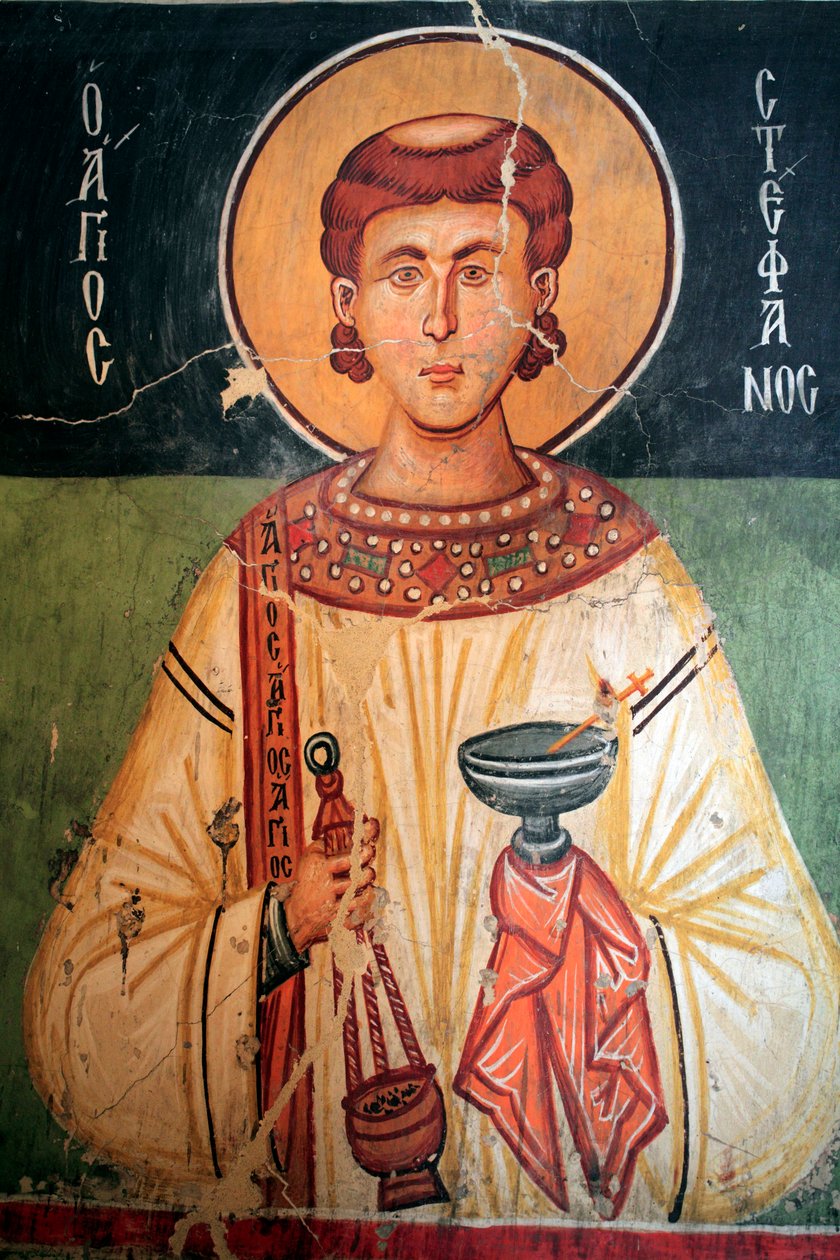 Bysantinsk fresk från 1400-talet (detalj) Saint Stephen Wall-målning Michael Archangel Church i Pedoulas Cypern Målade kyrkor UNESCO-plats Troodos, Cypern av Unknown