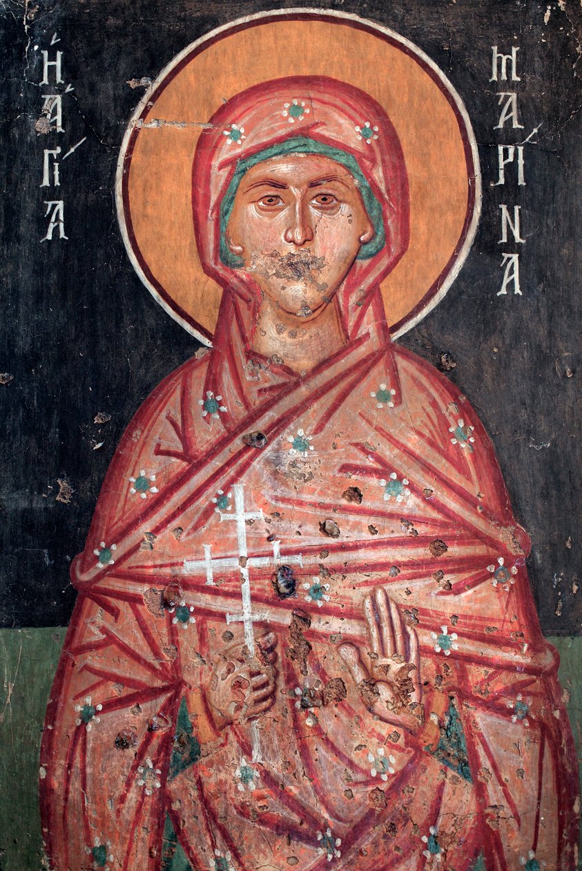 Bysantinsk fresk från 1400-talet Saint Marina Väggmålning Michael Archangel Church i Pedoulas Cypern Målade kyrkor UNESCO-plats Troodos, Cypern av Unknown