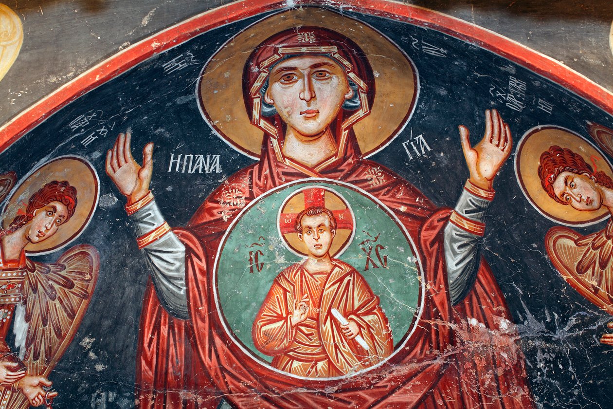 Bysantinsk fresk från 1400-talet Den Heliga Maria väggmålningen Michael Archangel Church i Pedoulas Cypern Målade kyrkor UNESCO-plats Troodos, Cypern av Unknown