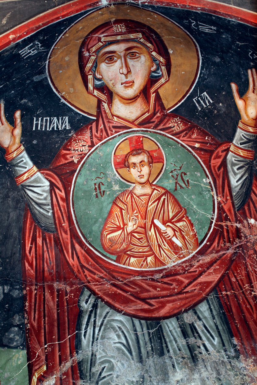 Bysantinsk fresk från 1400-talet Den Heliga Maria väggmålningen Michael Archangel Church i Pedoulas Cypern Målade kyrkor UNESCO-plats Troodos, Cypern av Unknown