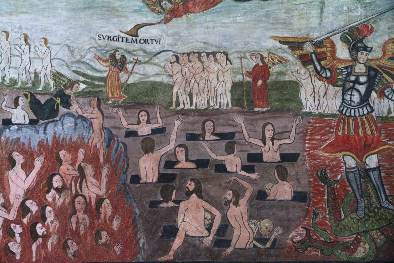 Slutlig dom illustrerad av fresker från 1600-talets barock-Mestizo i mitten av Santiago De Curahuara De Carangas-kyrkan, Andernas sixtinska kapell, Curahuara De Carangas, Oruro, Bolivia (pho av Unknown
