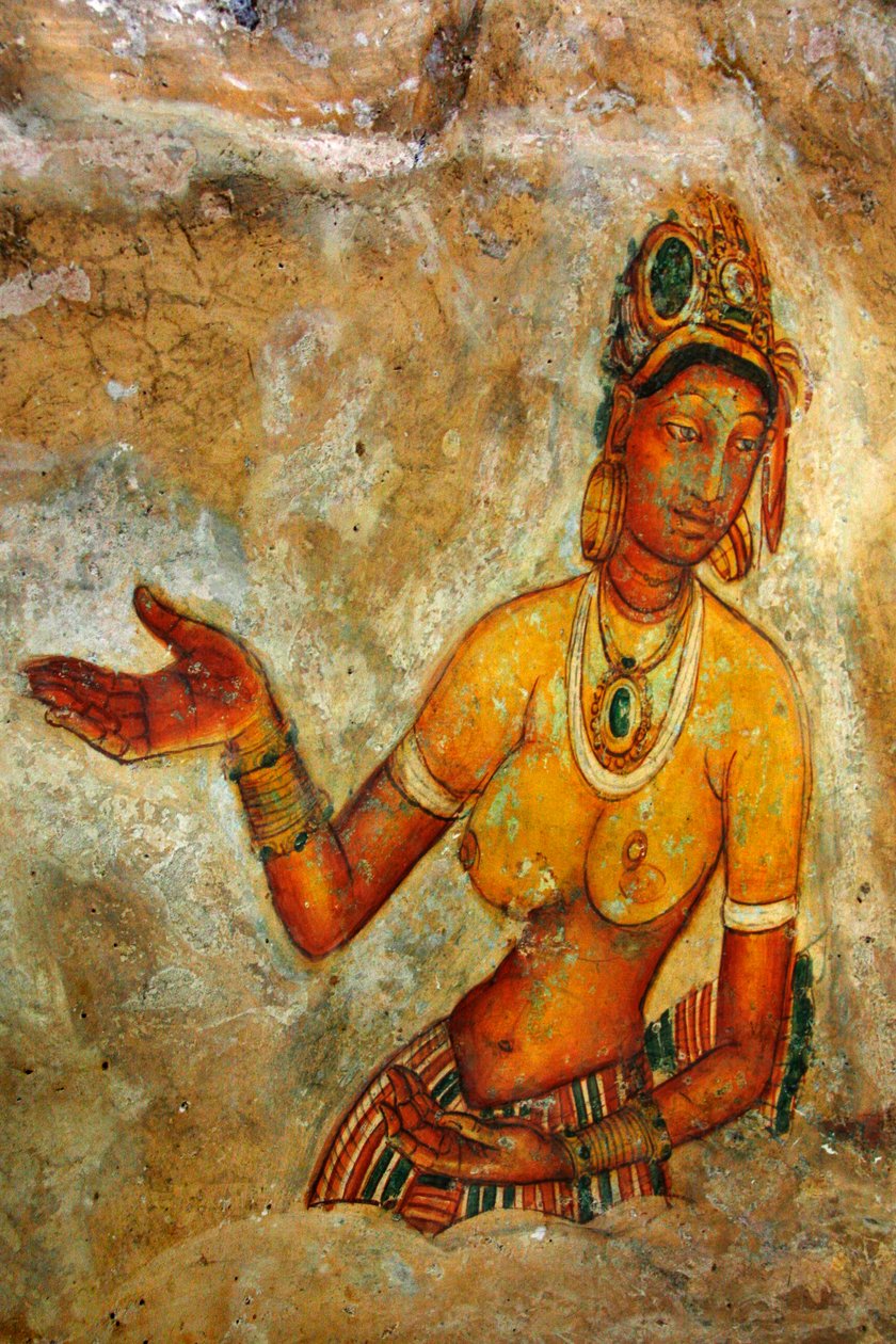 Fresk på väggen av Sigiriya-klippan, i Matale-distriktet i Sri Lanka. Denna 370 meter höga lavahög av en gammal vulkan är känd för det befästa palatskomplexet, byggt under kung Kas regeringstid av Unknown