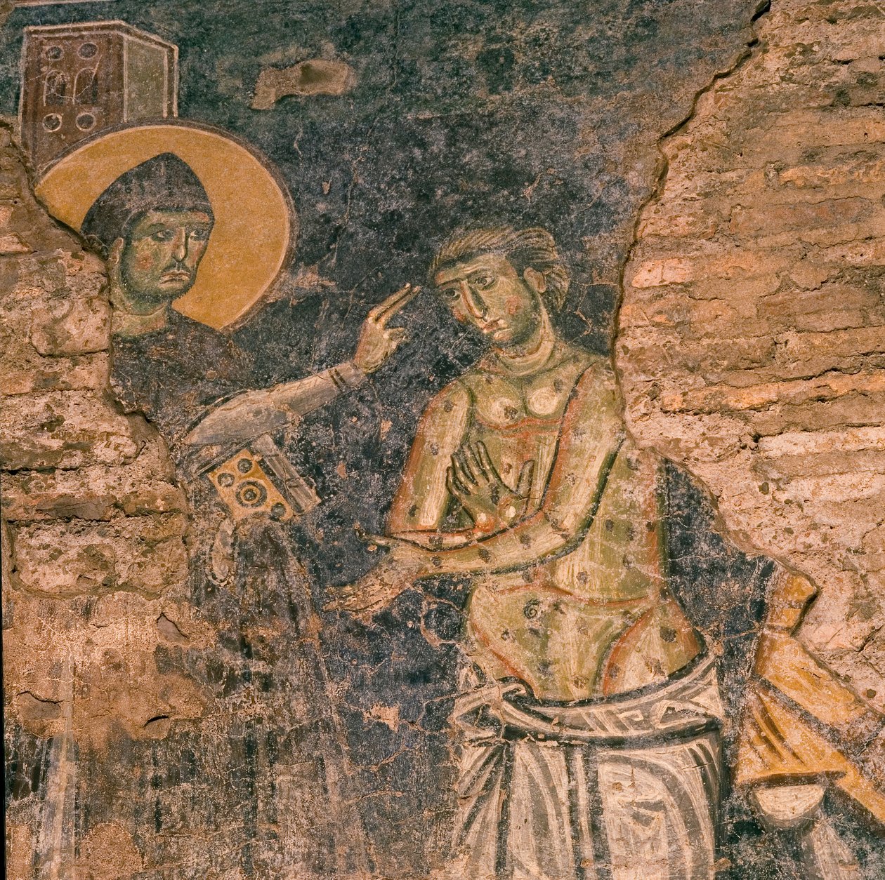 Fresk som visar St. Benedict som botar den spetälske av Unknown