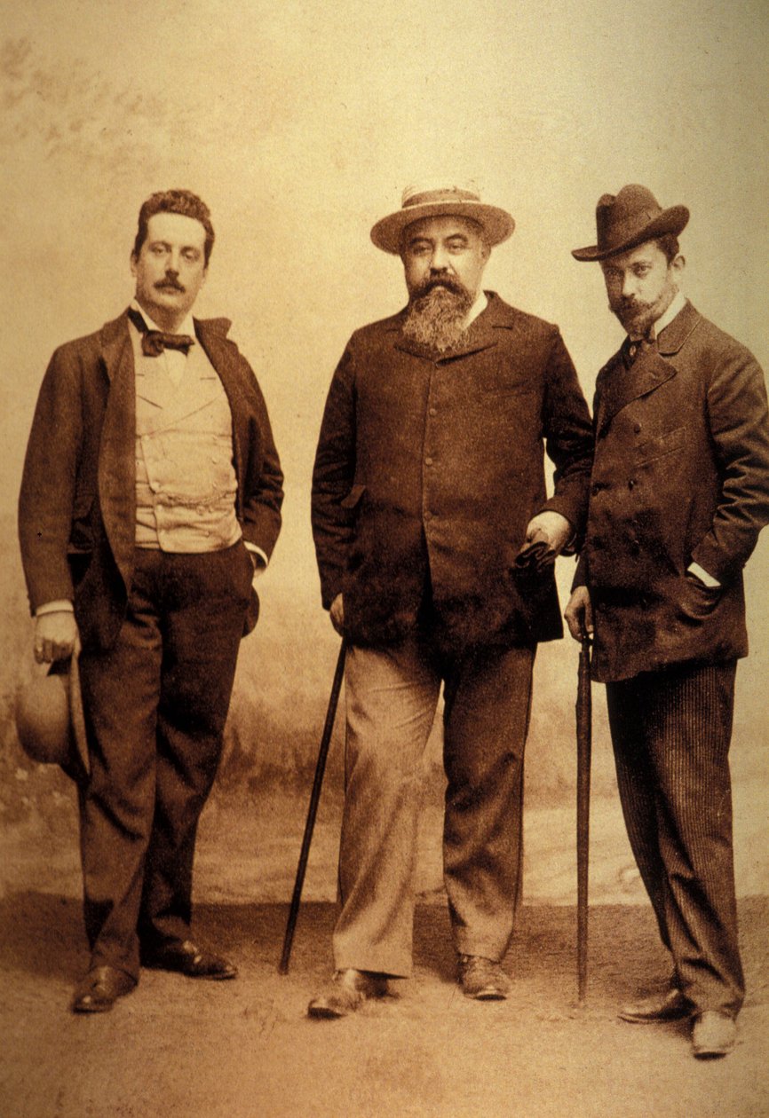 Giacomo Puccini (1858-1924) med sina librettister, Giuseppe Giacosa och Luigi Ilica. av Unknown
