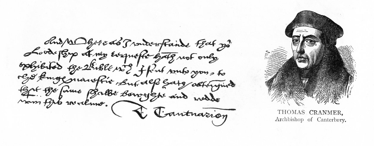 Ärkebiskop Cranmers handstil och underskrift från ett brev till Thomas Cromwell, där han tackade honom för att Henry VIII accepterade den engelska översättningen av Bibeln, 13 augusti 1537 (penna och bläck av Unknown