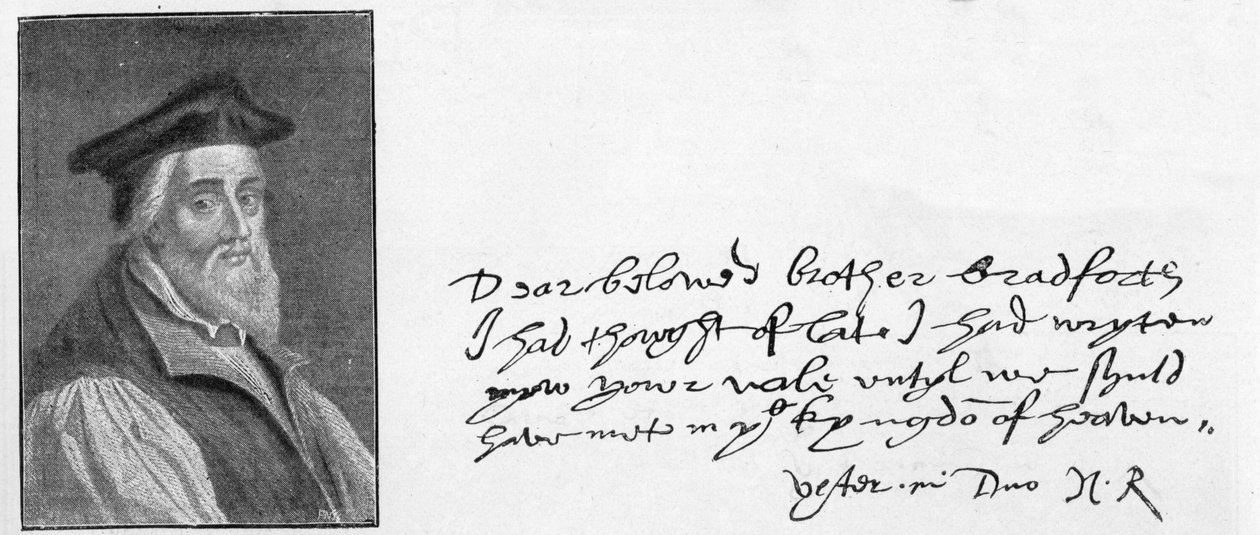 Biskop Ridleys handstil och underskrift från ett brev skrivet för att trösta John Bradford kort före hans död, 1555 av Unknown