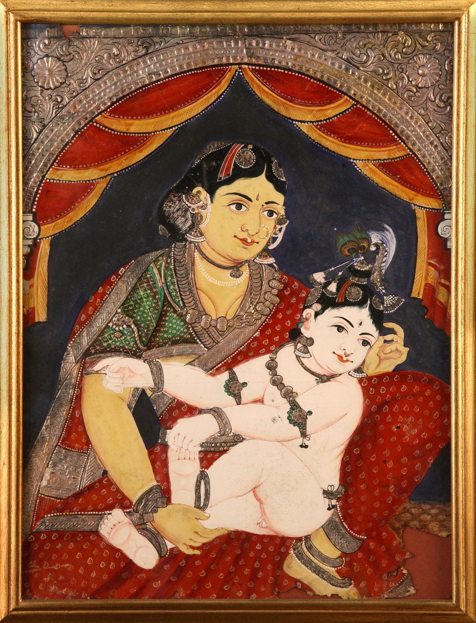 Krishna, Tanjore School of Painting sent 1800-tal. Tamil Nadu, Indien av Unknown