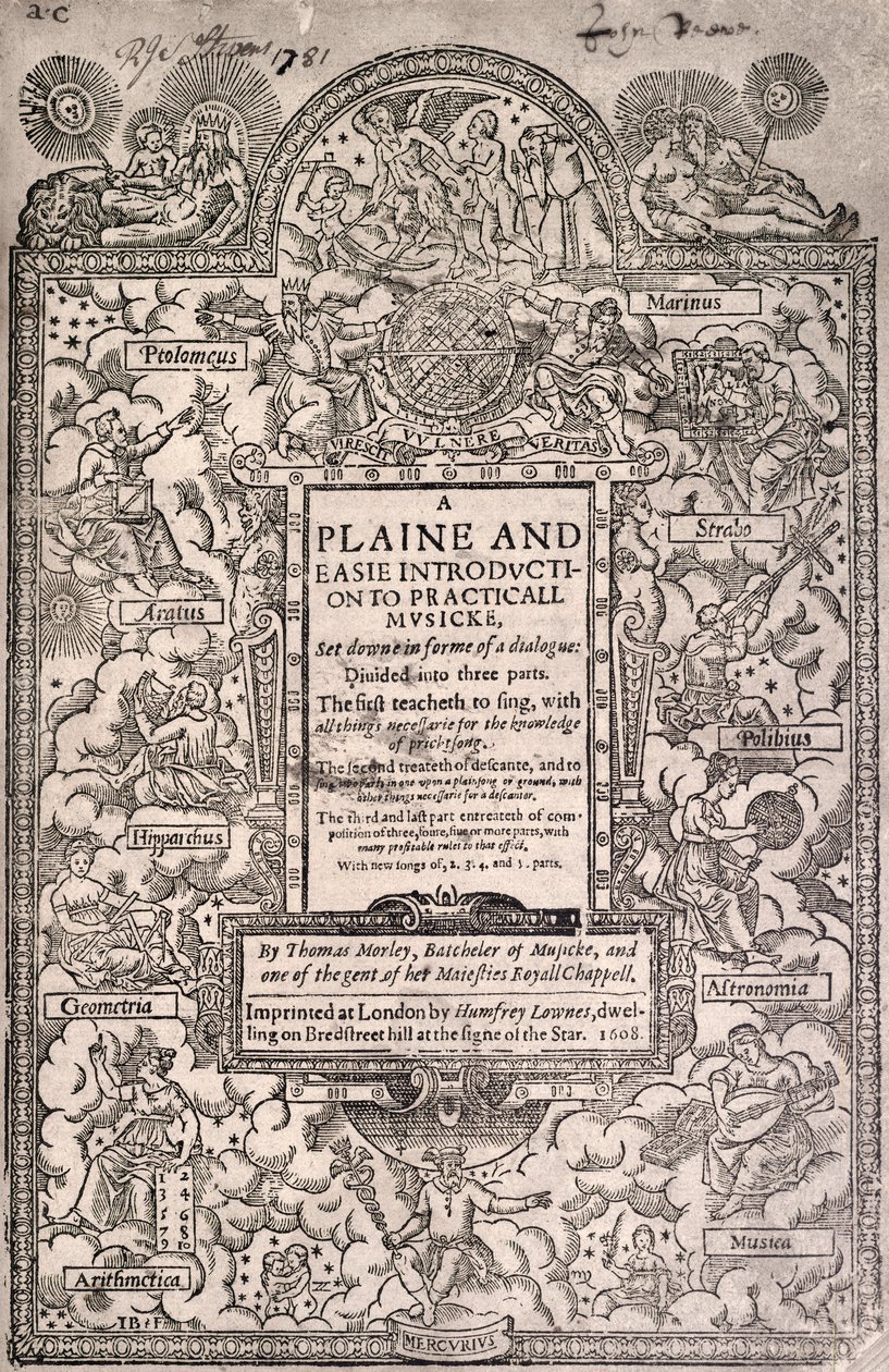 Morley, praktisk musik, 1608, titelblad av Unknown