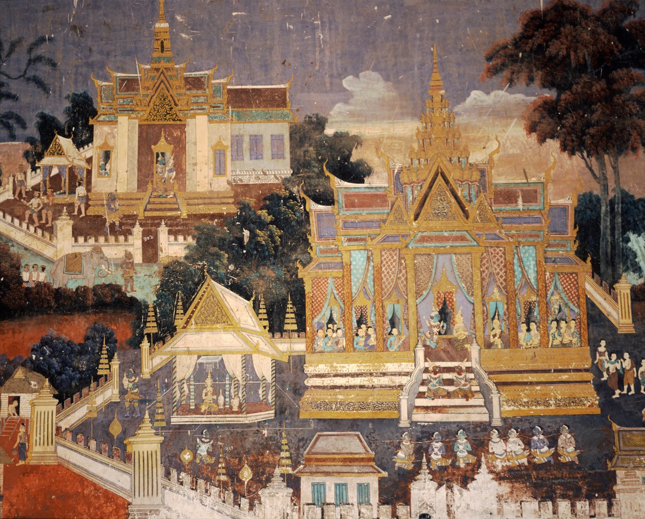 Väggmålning av det kungliga palatset, Phnom Penh, Kambodja Inuti templet Silver Pagoda av Unknown