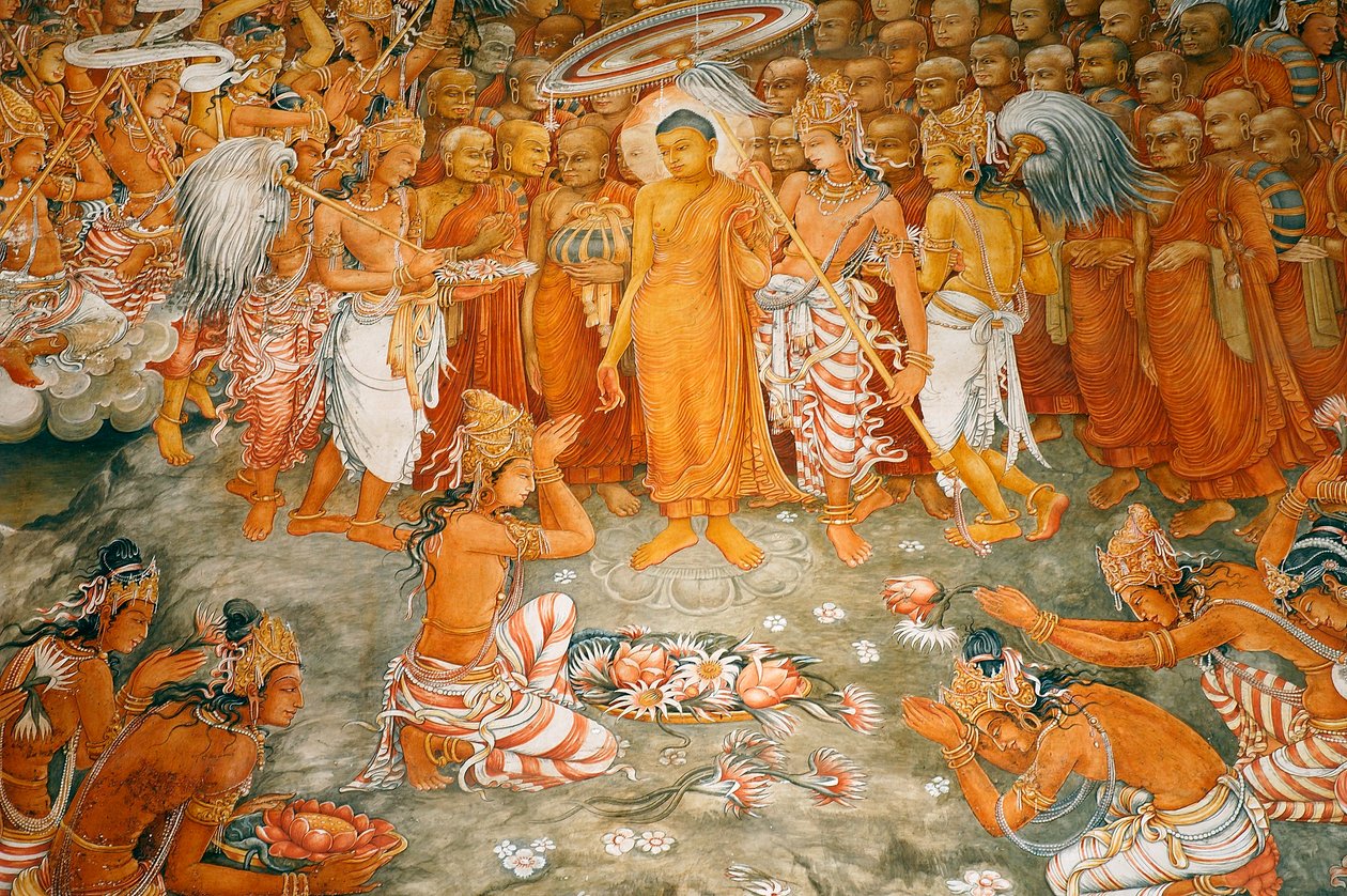 Väggmålning på väggarna i Kelaniya-templet vid Kelaniya Vihara, en av de heligaste buddhistiska platserna cirka sex miles från huvudstaden Colombo på Sri Lanka. 7 januari 2010. av Unknown