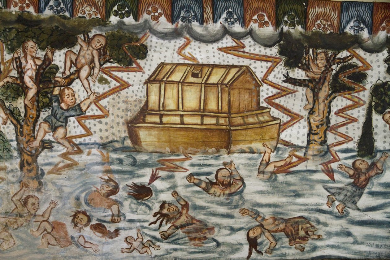 Noahs ark och syndafloden illustrerad av fresker från barock-Mestizo från 1600-talet i baptisteriet i Santiago De Curahuara De Carangas-kyrkan, Andernas sixtinska kapell, Curahuara De av Unknown
