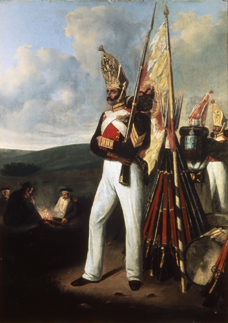 Målning av en infanterisoldat från det ryska Pavlovsky-regementet vid tiden för slaget vid Borodino under kriget 1812 med Napoleon. av Unknown