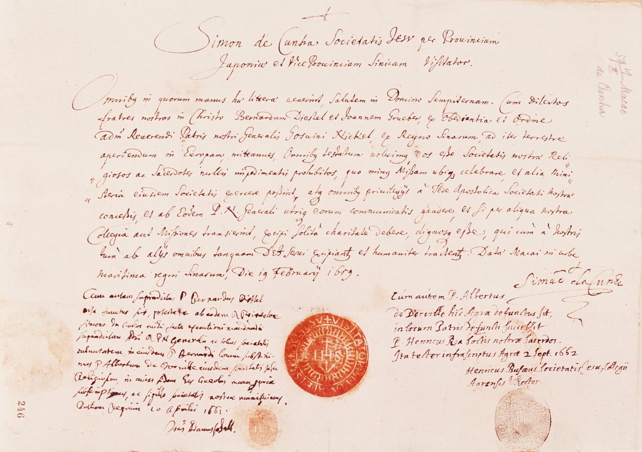 Pass utfärdat till Johann Grueber och Bernhard Diestel för att hitta landvägen från Europa till Peking, 1616 av Unknown