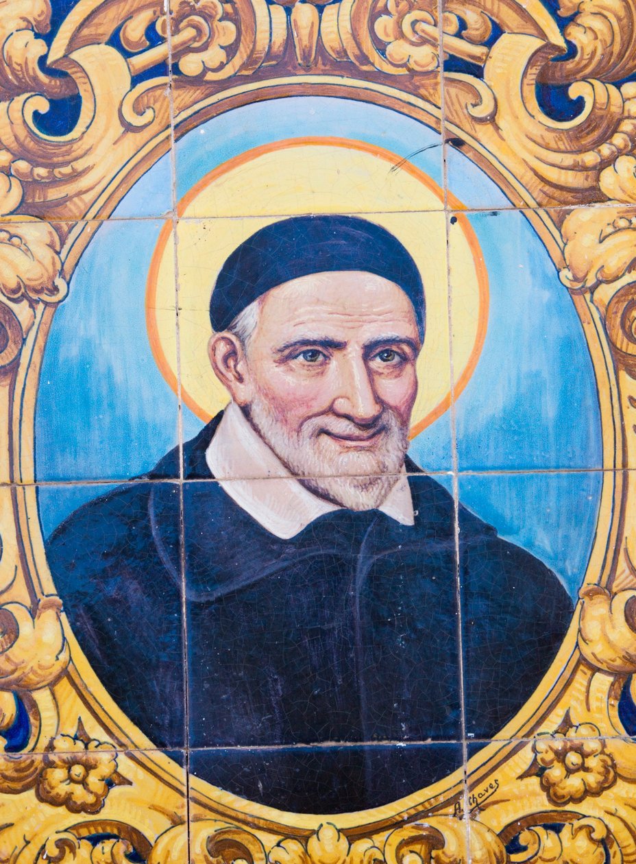 Saint Vincent de Paul 1581-1660. Fransk katolsk präst och helgon. Keramiska plattor för gata uppkallad efter de Paul, Cordoba, Cordoba-provinsen, Spanien. av Unknown