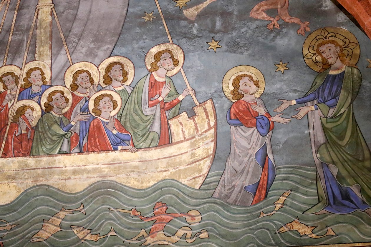 Saint-Pierre-le-Jeune protestantiska kyrkan, Tiberiasjön, Kristus som går på vattnet och Saint Peter, Fresco, Strasbourg, Frankrike. av Unknown